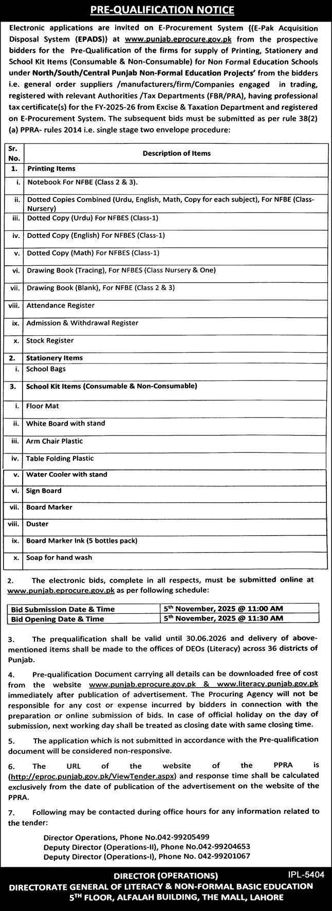 Literacy & Non Formal Basic Education Lahore Tender Notice